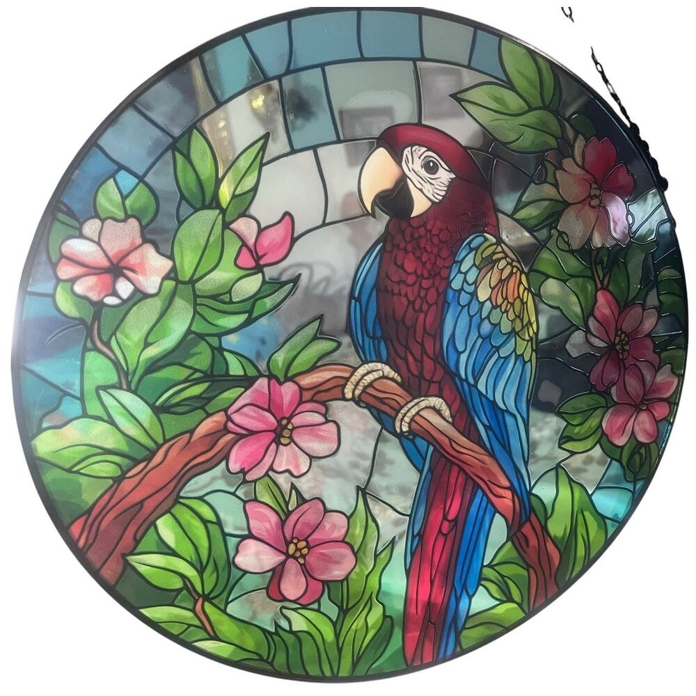 Tropical Parrot and Floral Stained Glass Window Hanging NIB 12" Diameter